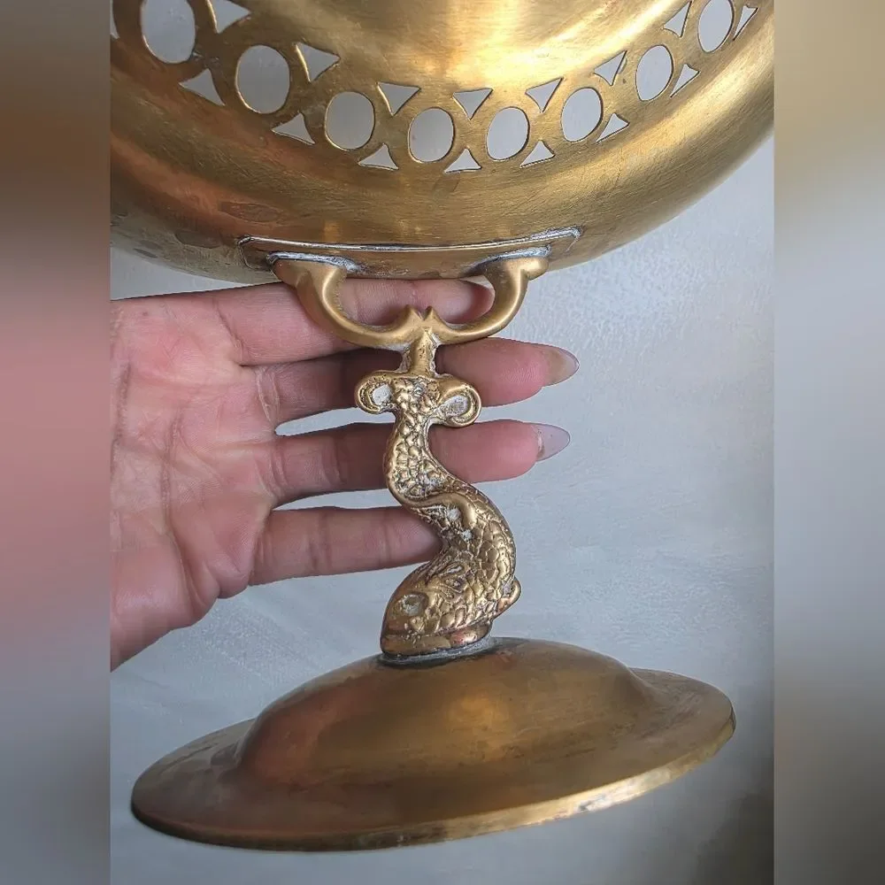 Vintage Brass Fish Pedestal Bowl 7x11.5 Koi